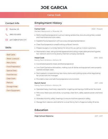 Camp Cook Resume