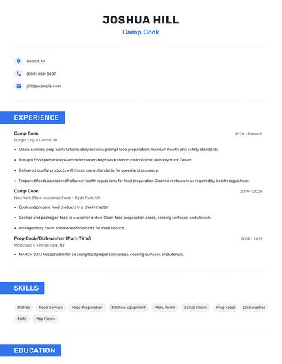 Camp Cook Resume