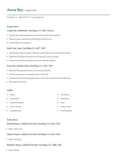 Camp Cook Resume