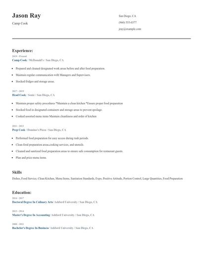 Camp Cook Resume