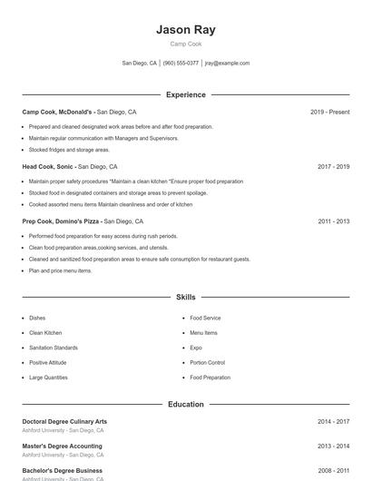 Camp Cook Resume