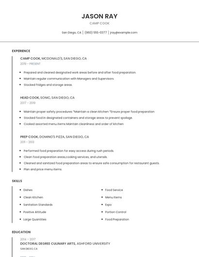 Camp Cook Resume