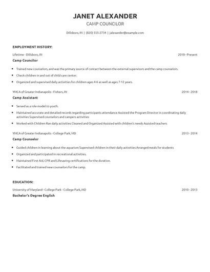 Camp Councilor Resume