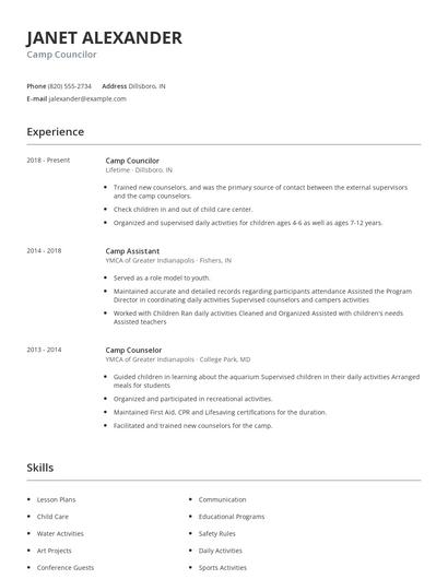 Camp Councilor Resume