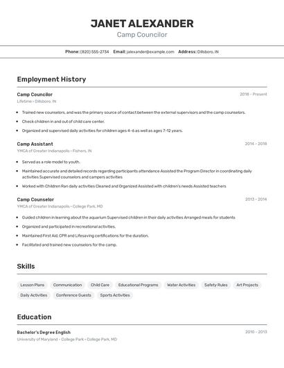 Camp Councilor Resume