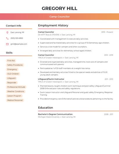 Camp Councilor Resume