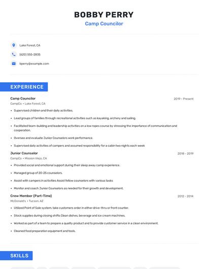 Camp Councilor Resume