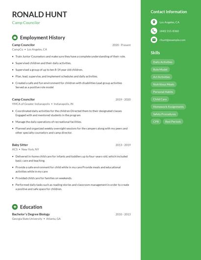 Camp Councilor Resume