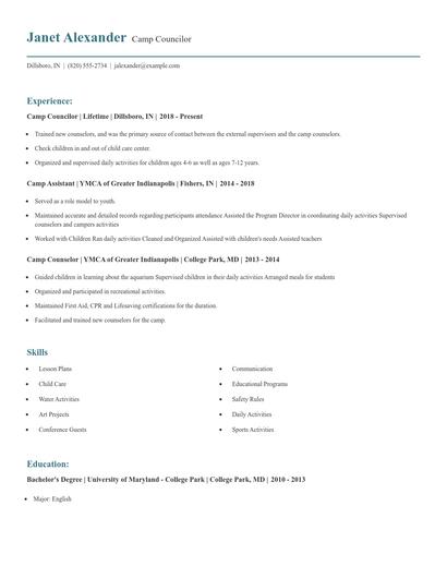 Camp Councilor Resume
