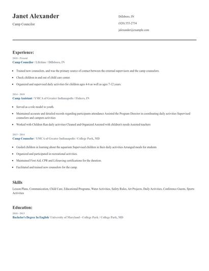 Camp Councilor Resume