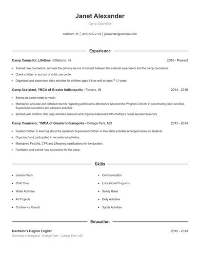 Camp Councilor Resume