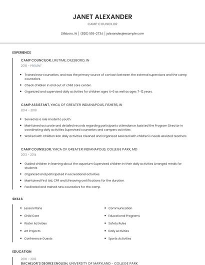Camp Councilor Resume