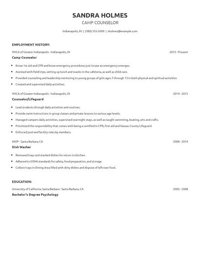Camp Counselor Resume