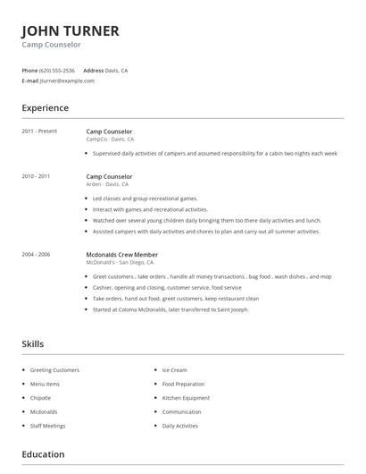 Camp Counselor Resume