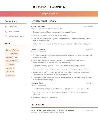 Camp Counselor Resume