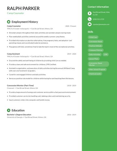 Camp Counselor Resume