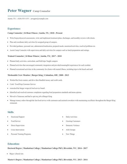 Camp Counselor Resume