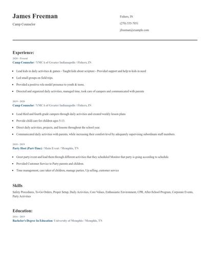 Camp Counselor Resume