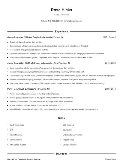 Camp Counselor Resume