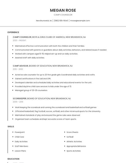 Camp Counselor Resume