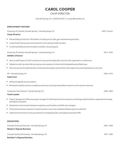 Camp Director Resume