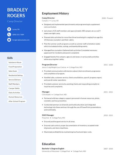 Camp Director Resume