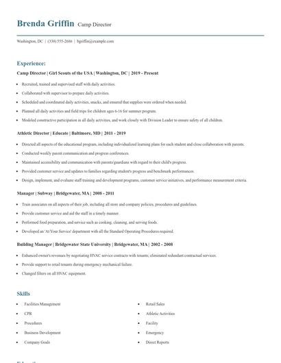 Camp Director Resume