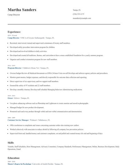 Camp Director Resume