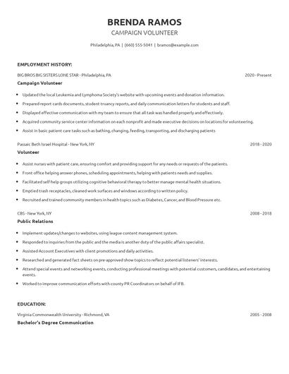 Campaign Volunteer Resume