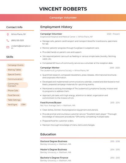 Campaign Volunteer Resume