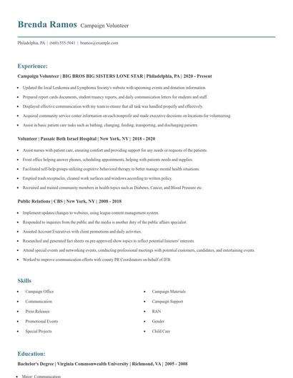 Campaign Volunteer Resume