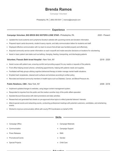 Campaign Volunteer Resume