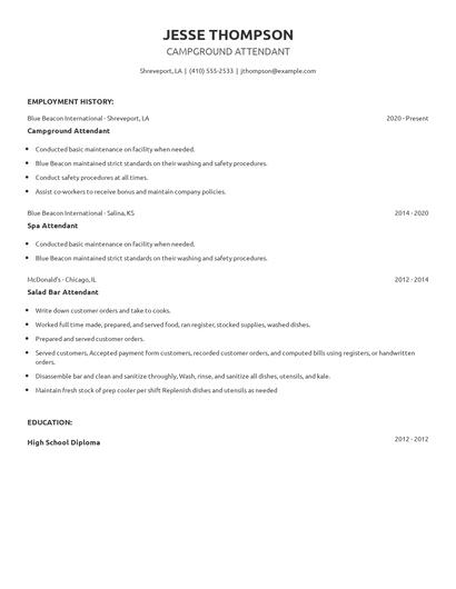 Campground Attendant Resume