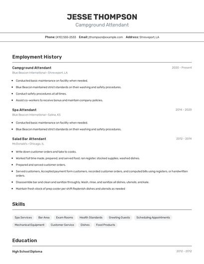 Campground Attendant Resume
