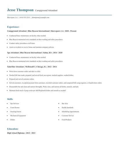 Campground Attendant Resume
