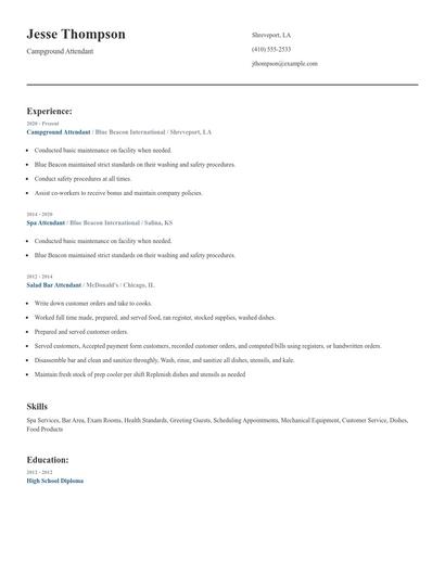 Campground Attendant Resume
