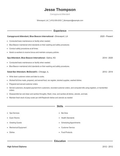 Campground Attendant Resume