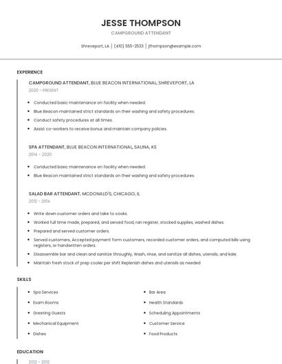Campground Attendant Resume