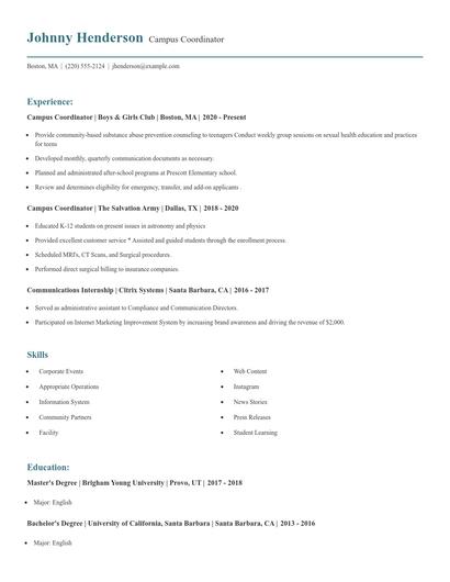 Campus Coordinator Resume