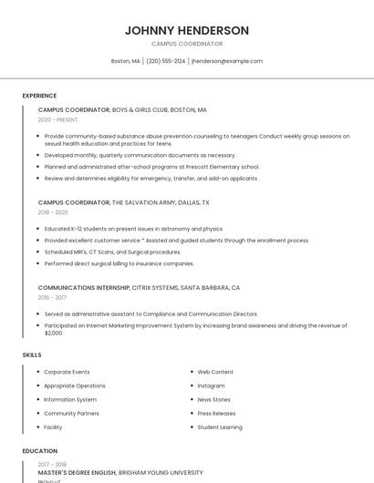 Campus Coordinator Resume