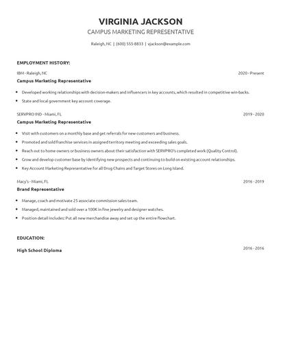 Campus Marketing Representative Resume
