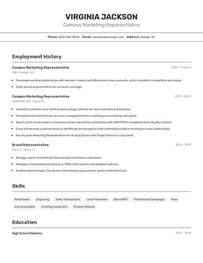 Campus Marketing Representative Resume
