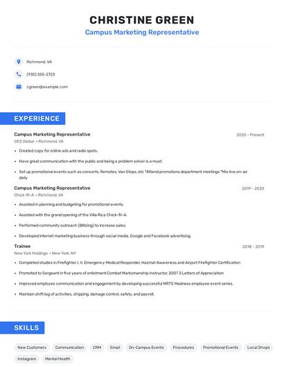 Campus Marketing Representative Resume