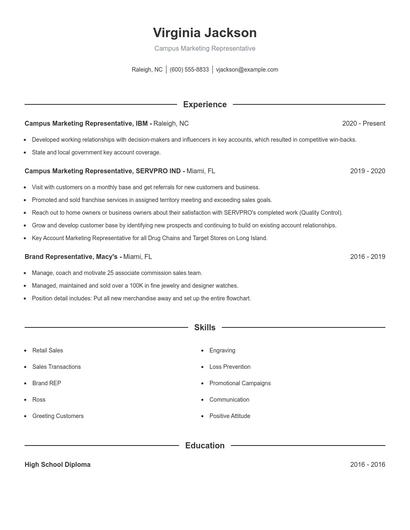 Campus Marketing Representative Resume