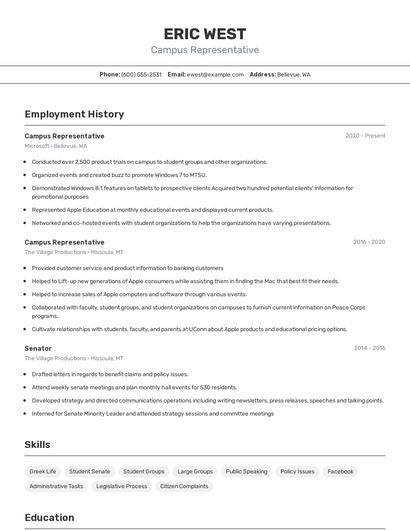 Campus Representative Resume