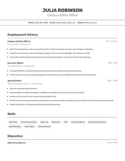 Campus Safety Officer Resume