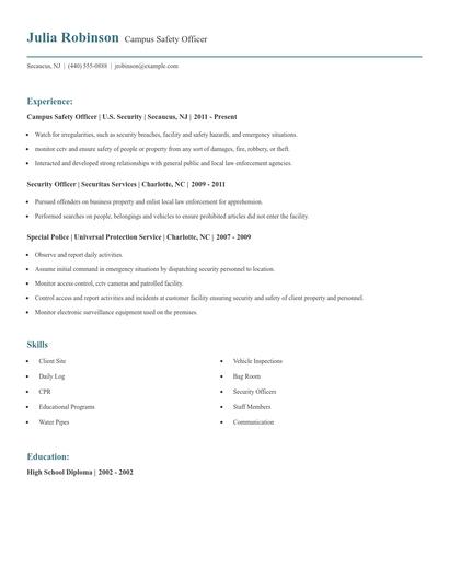 Campus Safety Officer Resume