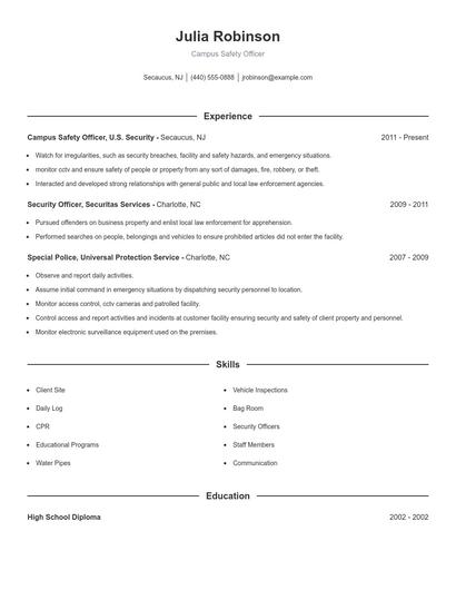 Campus Safety Officer Resume