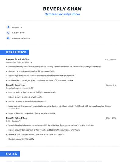 Campus Security Officer Resume