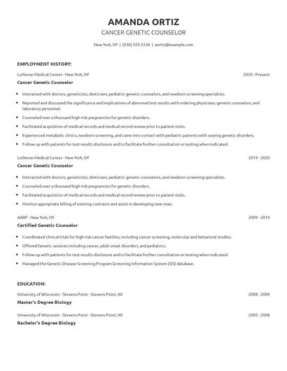 Cancer Genetic Counselor Resume